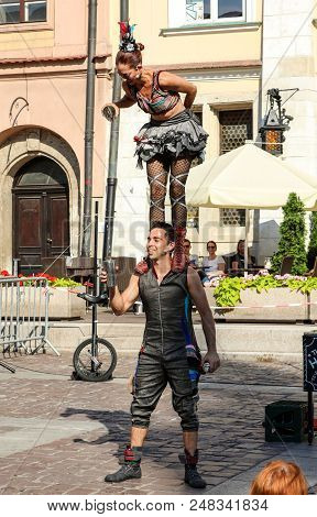 Cracow, Poland - July 5, 2018: Performance Of The Happy Hour Show Performed By Duo Looky From Israel