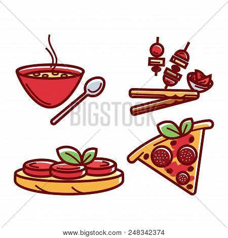 Pizza And Meat Dishes Icons Set. Traditional Meals Of Countries, Bowl Of Hot Soup, Slice Of Italian 