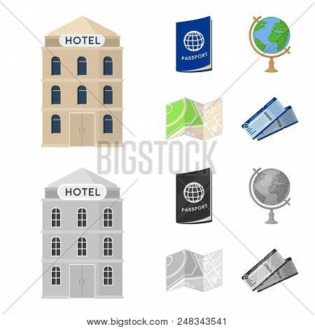 Vacation, Travel, Passport, Globe .rest And Travel Set Collection Icons In Cartoon, Monochrome Style