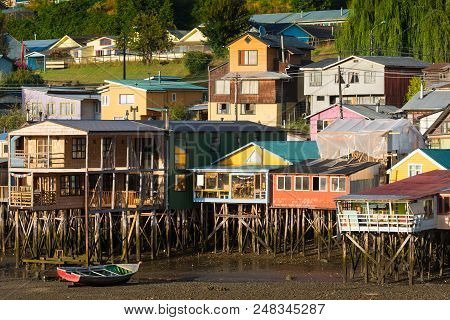 Traditional Stilt Houses Know As Palafitos In The City Of Castro At Chiloe Island In Southern Chile