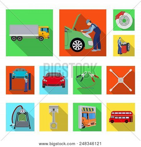 Car, Lift, Pump And Other Equipment Flat Icons In Set Collection For Design. Car Maintenance Station