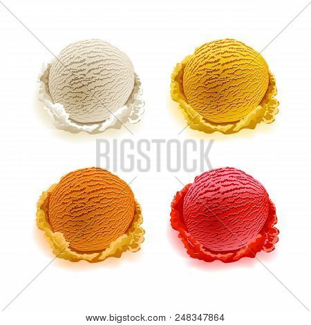 Set Of Ice Cream Scoops Of Different Colors And Flavours Isolated On White Background Vector