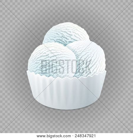 Milk Frozen Yogurt Or Soft Three White Balls Ice Cream, Vanilla In Blank Paper Cup Isolated On Trans