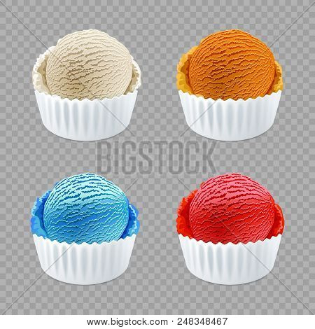 Different Flavor Ice Cream Scoops Side View On Transparent Background Vector