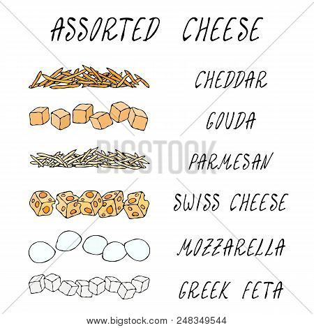 Assorted Popular Cheese Kinds Set. Grated Chedder, Parmesan, Gouda, Swiss, Feta Cubes, Mini Mozzarel