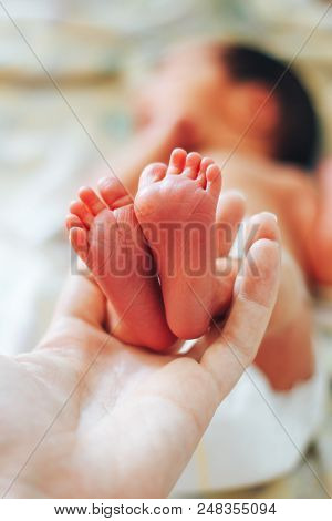 Feet Of Newborn Baby In Mother's Hand