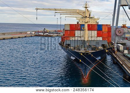 Container Ship Moored At Port  Loading In Progress