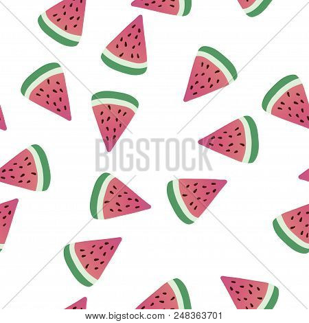 Cute Seamless Pattern With Slices Of Watermelon. White Background. Vector Illustration.