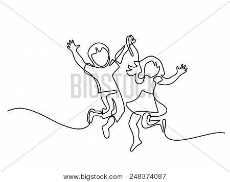 Happy Jumping Children Holding Hands. Continuous Line Drawing. Vector Illustration On White Backgrou