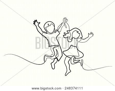 Happy Jumping Children Holding Hands. Continuous Line Drawing. Vector Illustration On White Backgrou