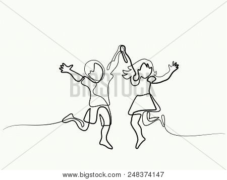 Happy Jumping Children Holding Hands. Continuous Line Drawing. Vector Illustration On White Backgrou