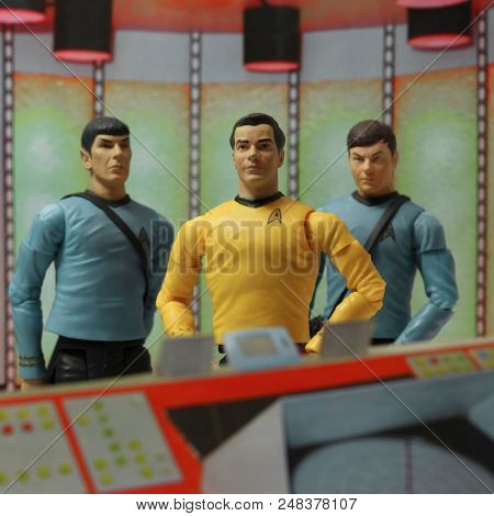 JUL 5 2018: Recreation of a scene from the 1960s television science fiction show Star Trek, where Captain Kirk Doctor McCoy & Mr. Spock beam down to the planet surface - Art Asylum action figures
