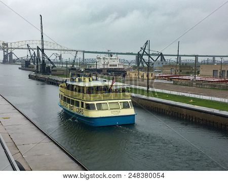 Sault Ste. Marie, Mi / Usa - May 28, 2017:  Soo Locks Boat Tour Travels Through The Soo Locks.
