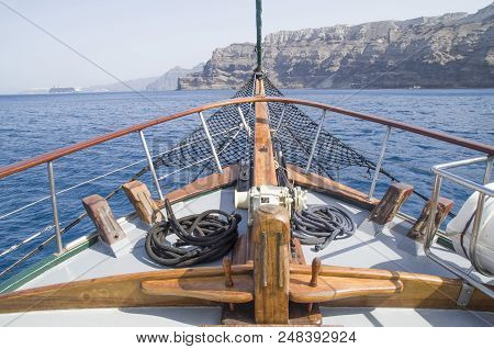 Bow On Wooden Ship In The Sea, Santorini, Greece