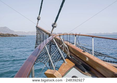 Bow On Wooden Ship In The Sea, Santorini, Greece