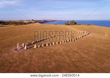 Aerial View Of The Prehistoric Stone Ship Ale Stone In Southern Sweden At Kaseberga In Province Of S