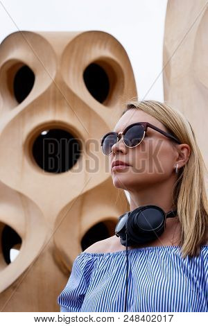 Beautiful Woman Visit Museum With Audioguide. Additional Education.