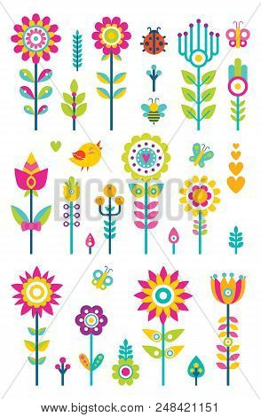 Flowers Set Bird And Butterfly, Collection Of Flowers In Bloom And Creature Flying Around It, Heart 