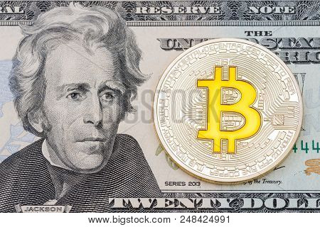 Golden Cruptocurrency Yellow 'bitcoin On Twenty Dollar Banknote