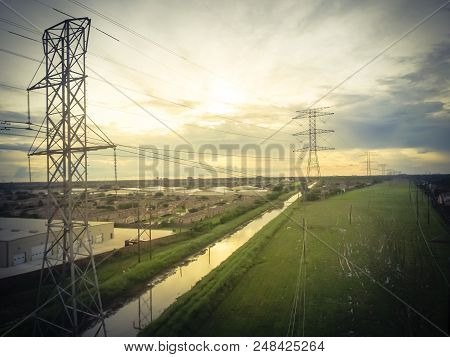 Vintage Tone Group Of Transmission Towers In Suburb Houston, Texas, Usa