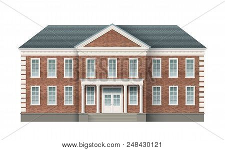 Front View Of Brick Administrative Governmental Building With Grey Roof. Traditional Classic Archite