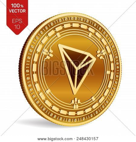 Tron. 3d Isometric Physical Coin. Digital Currency. Cryptocurrency. Golden Coin With Tron Symbol Iso