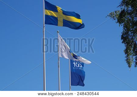 Swedish Flag Waving On A Windy Day In Ludvika,dalarna