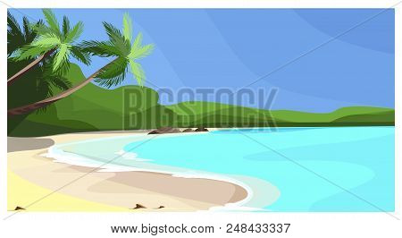 Beach Coastline With Palms Vector Illustration. Vacation Space At Sea. Paradise Illustration