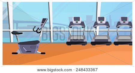 Cardio Area Vector Illustration. Gym, Treadmill, Exercise Bike, Panoramic Window. Sport Concept. Can