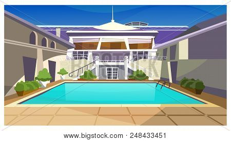 Country House With Swimming Pool Vector Illustration. Modern Fashionable Property Facade With Stairs