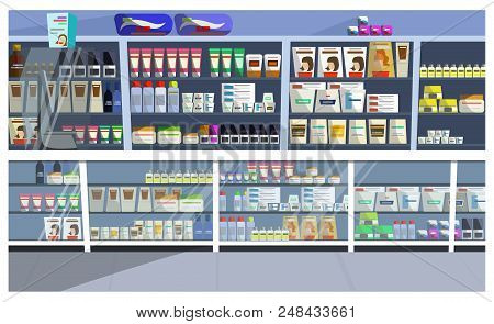 Display With Hair Products Vector Illustration. Aisle, Store, Shelf, Shampoo. Retail Concept. Can Be