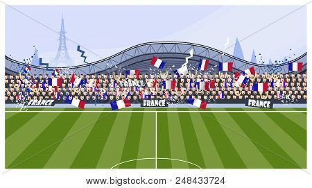 Football Fans Vector Illustration. Match, Field, Bleacher, France. Soccer Concept. Can Be Used For T