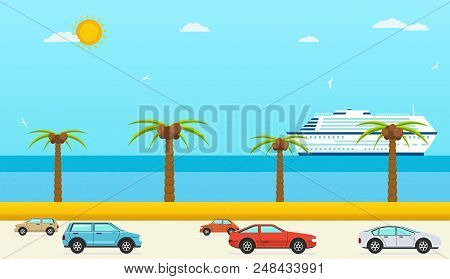 Sea View In Summer, Highway With Cars. Sea With Beach And Palm Trees, Ship.