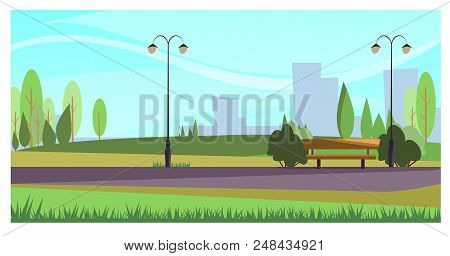 Summer City Park With Street Lights. Beautiful Recreation Park With Green Plants. Stroll Concept. Il