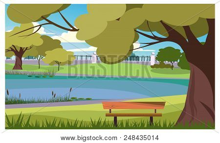 Tranquil Park With Wooden Bench At Lake Vector Illustration. Rustic Scape With Large Tree. Outdoors 