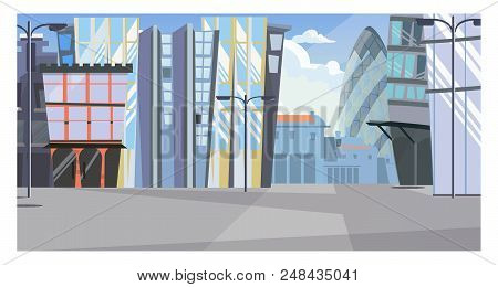 Urban Cityscape With Tall Buildings Vector Illustration. Modern City Street With Office Buildings An