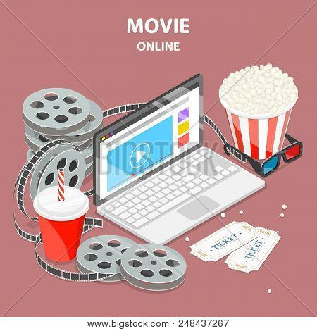 Flat Isometric Vector Concept Of Mobile Movie, Online Home Cinema.