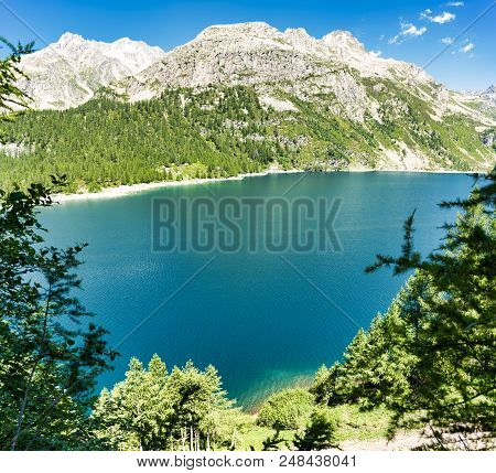 Codelago Lake In Devero Alp, Scenic I Talian Landscape In A Clear Summer Day With Mountains And Blue