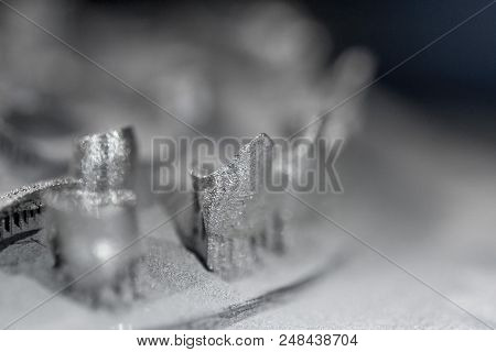 Printing Platform With Object Printed On 3d Printer For Metal And Covered Metallic Powder. 3d Printe
