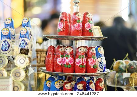 ST. PETERSBURG, RUSSIA - JULY 3, 2018: Russian souvenirs on sale at FIFA Fan Fest during FIFA World Cup Russia 2018. Saint Petersburg hosts 7 matches of FIFA World Cup