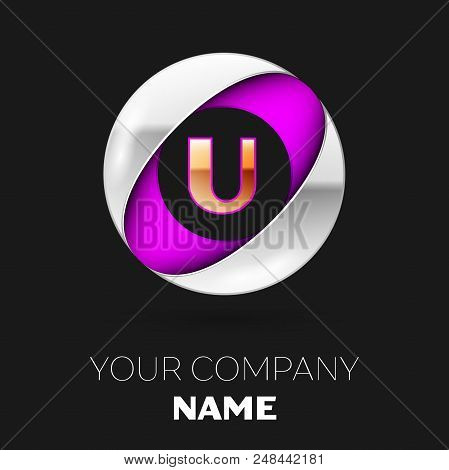 Realistic Golden Letter U Logo Symbol In The Silver-purple Colorful Circle Shape On Black Background