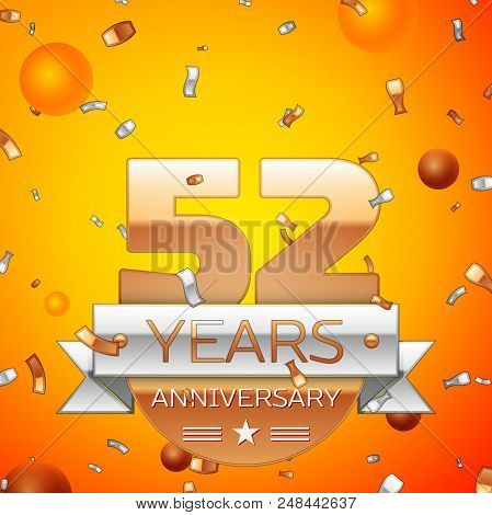 Realistic Fifty Two Years Anniversary Celebration Design Banner. Gold Numbers And Silver Ribbon, Bal