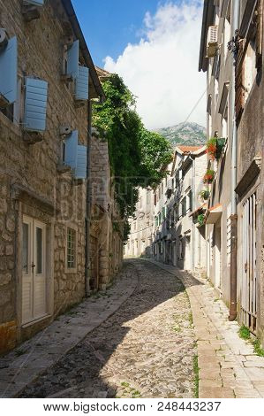 Beautiful Narrow Cobblestone Street. Montenegro, Town Of Risan, Gabela Street