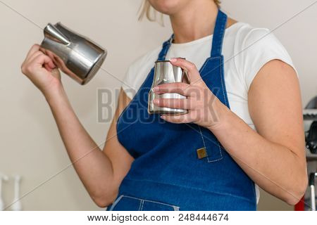 Barista Woman Holding Two Pitchers, Barista Workplace