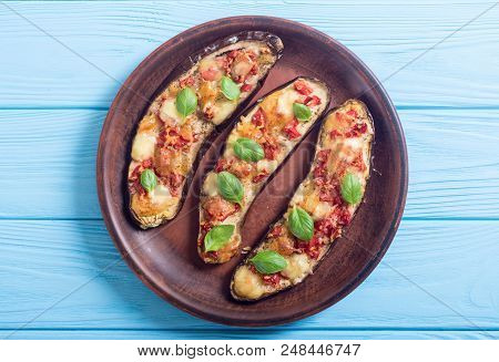 Healthy Food . Eggplant With Tomatoes , Cheese And Basil