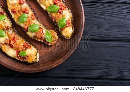 Healthy Food . Eggplant With Tomatoes , Cheese And Basil