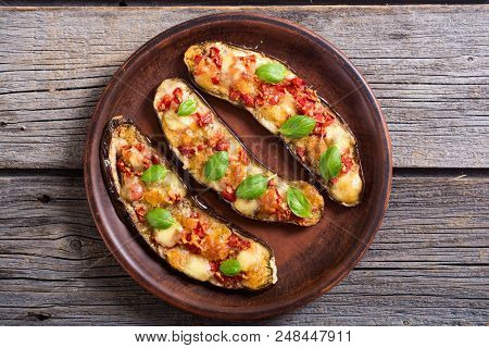 Healthy Food . Eggplant With Tomatoes , Cheese And Basil