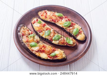 Healthy Food . Eggplant With Tomatoes , Cheese And Basil