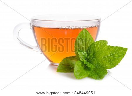 Glass Cup Of Tea With Mint Leaves Isolated On White Background
