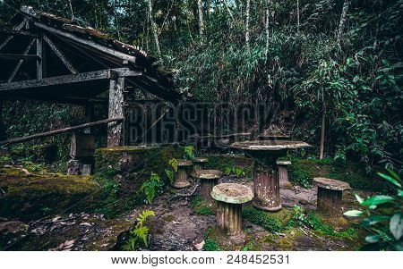 Abandoned Dark Location In Jungle With An Ancient Wooden Well With Roof, Table And Stone Backless St